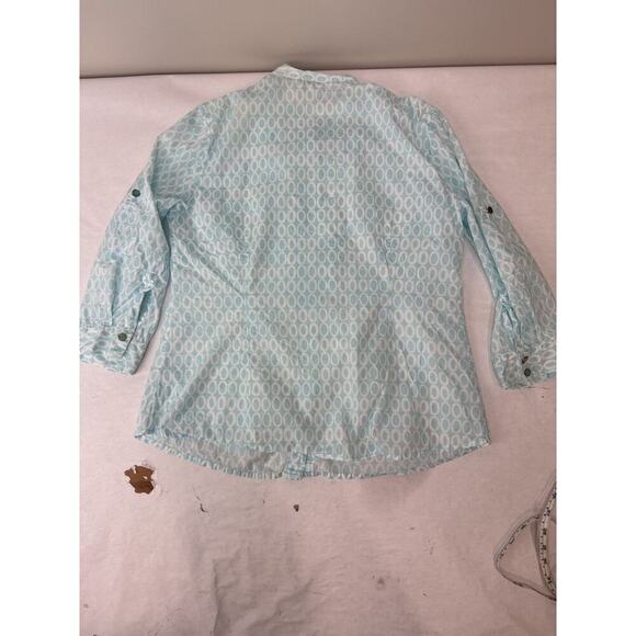 Coastal Charter Club Blue Print Ruffle Button Up Shirt Twee Romantic Size 10P - Picture 13 of 13